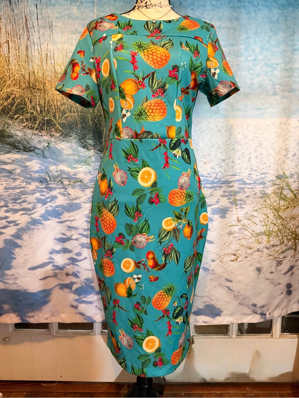 New York & Company Turquoise Pineapple & Citrus Print Midi Dress